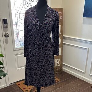 Anne Klein Long Sleeve Dress, Navy Blue with Red dot and White Leaf Pattern.